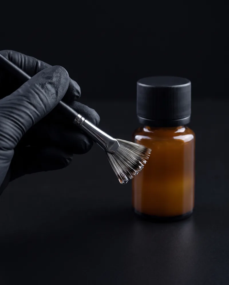 A hand in a black glove holding a fan brush beside an amber glass bottle