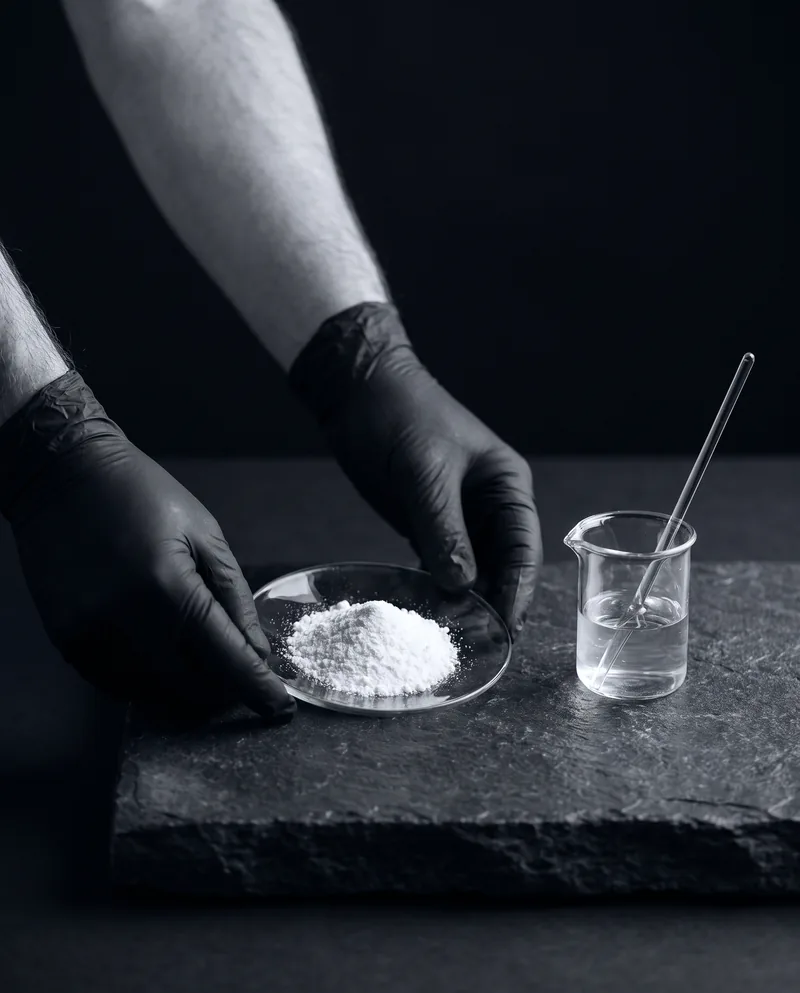Gloved hands setting out raw materials: powder on a watch glass and a beaker with a stirring rod on dark stone