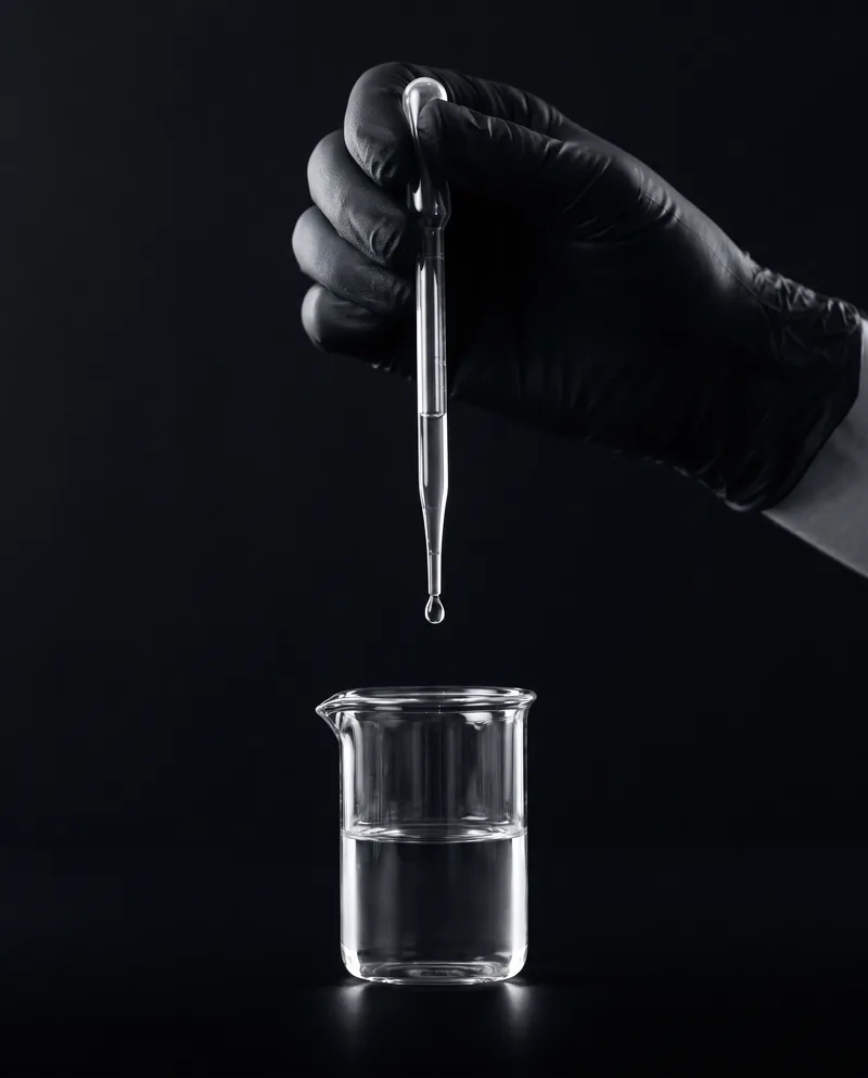 A hand in a black glove holding a pipette, a drop hanging above a laboratory beaker of liquid